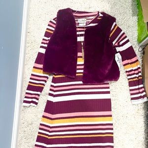 NWT Rare Edition Striped Dress Set 3 Piece. Faux Fur Vest and Matching necklace